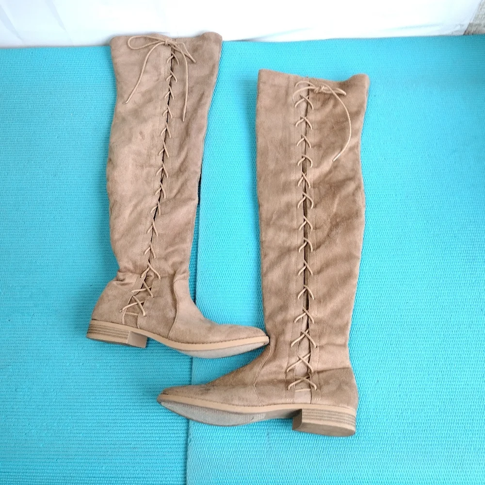 Bonnibel Lace-Up Faux Suede Over The Knee Boots Side Zip Sz 11